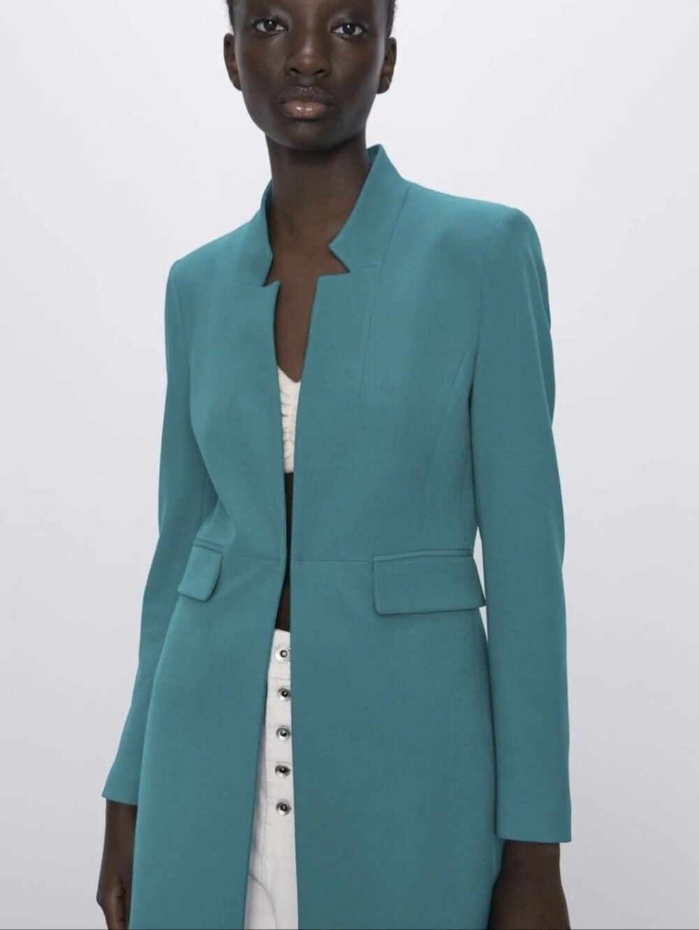 Zara Teal Collarless Longline Blazer